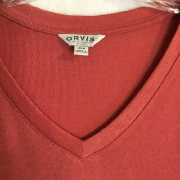 Orvis Knit Top Women's Sz Medium Cap Sleeve Relaxed V-Neck Rust Orange Hem Slits - Picture 4 of 13